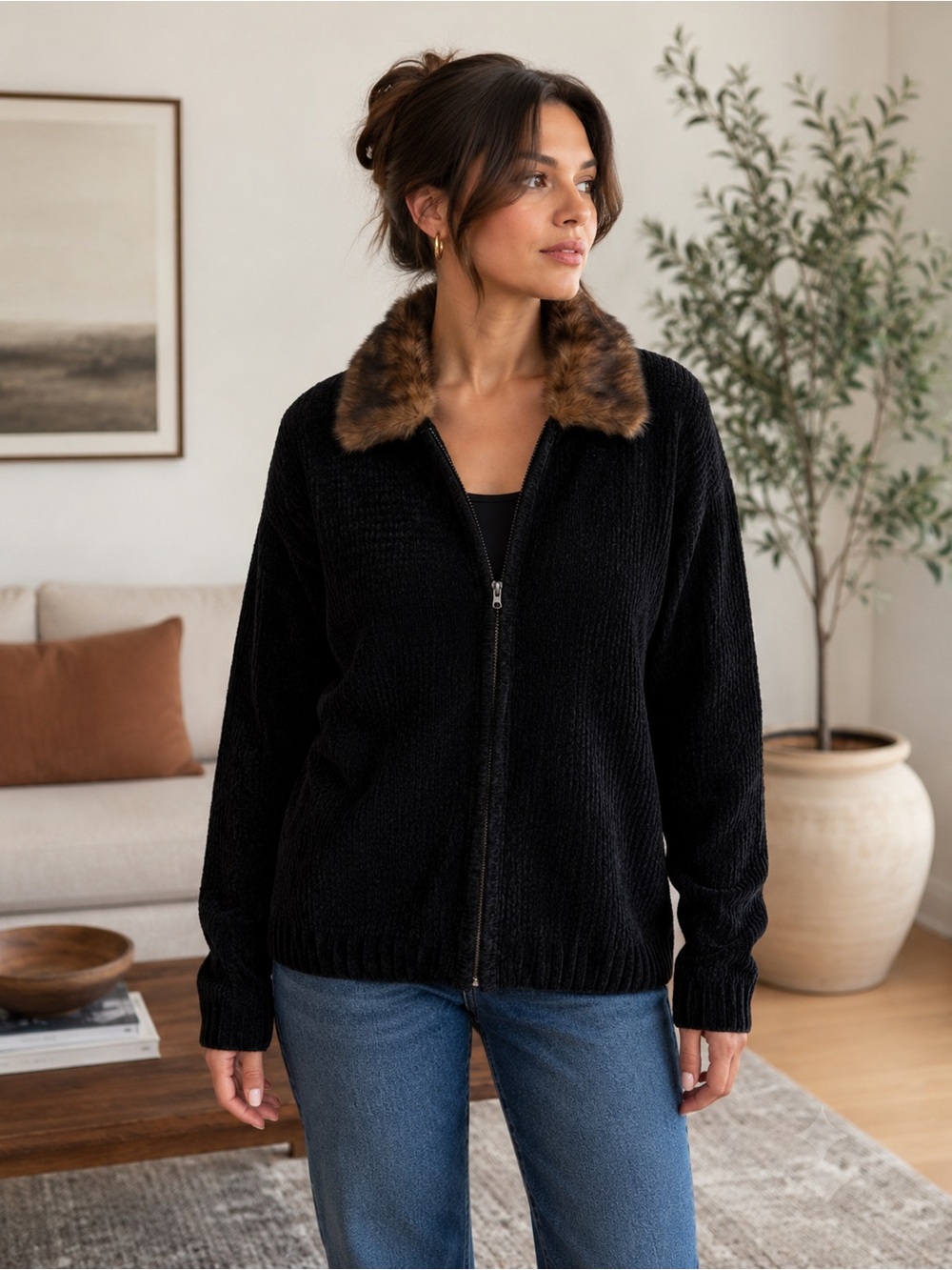 A Little Extra Spice Black Chenille Zip-Up Sweater Jacket Faux Fur Collar  4X
